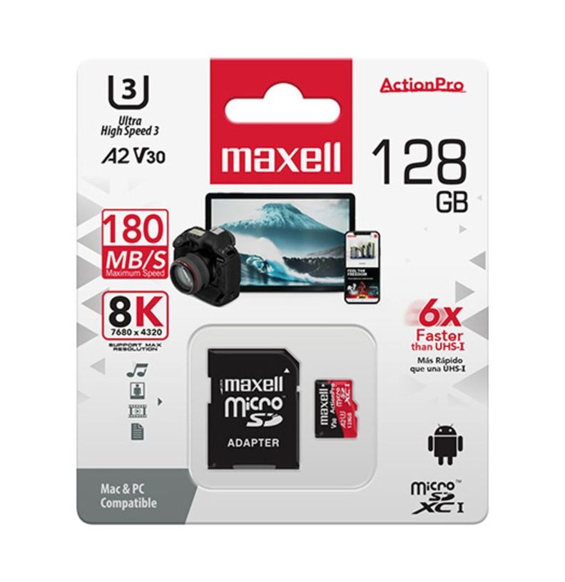 Tarjeta MicroSD Maxell 128GB UH-3 8K A2 180MB/S-1