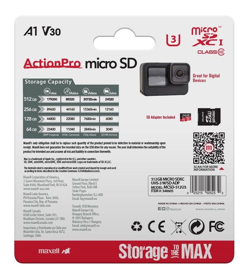 Tarjeta MicroSD Maxell 512GB UH-3 8K 100MB/S-1