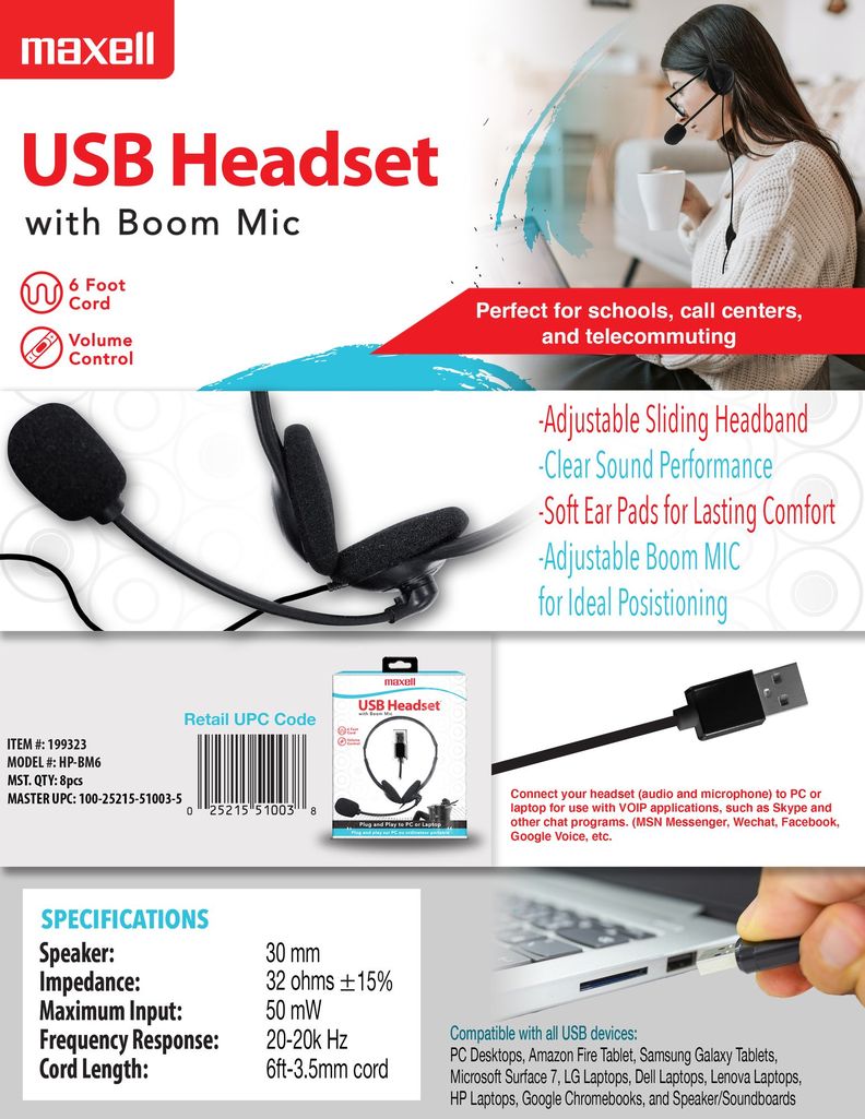 Audífonos Maxell Usb Con Microfono Control De Volumen 1.8Mts-1