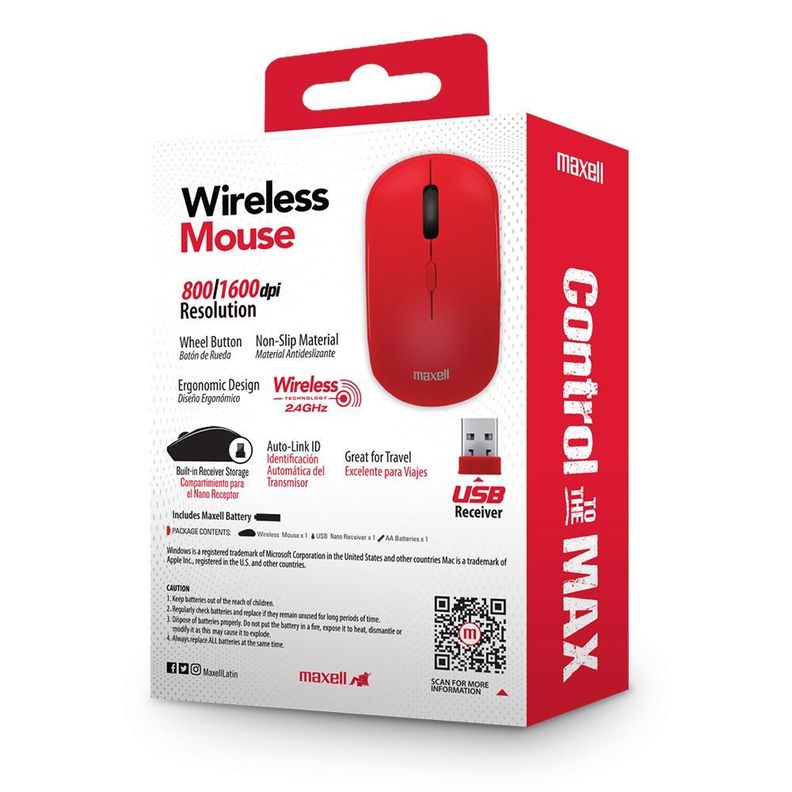 Mouse Inalámbrico Maxell 1600 DPI MOWL-100 Rojo-3