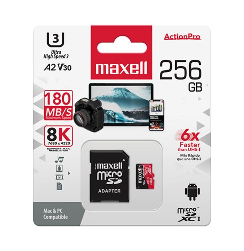 Tarjeta MicroSD Maxell 256GB UH-3 8K A2 180MB/S-1