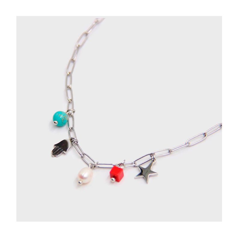 Collar De Acero Mano De Fátima Plateado-1
