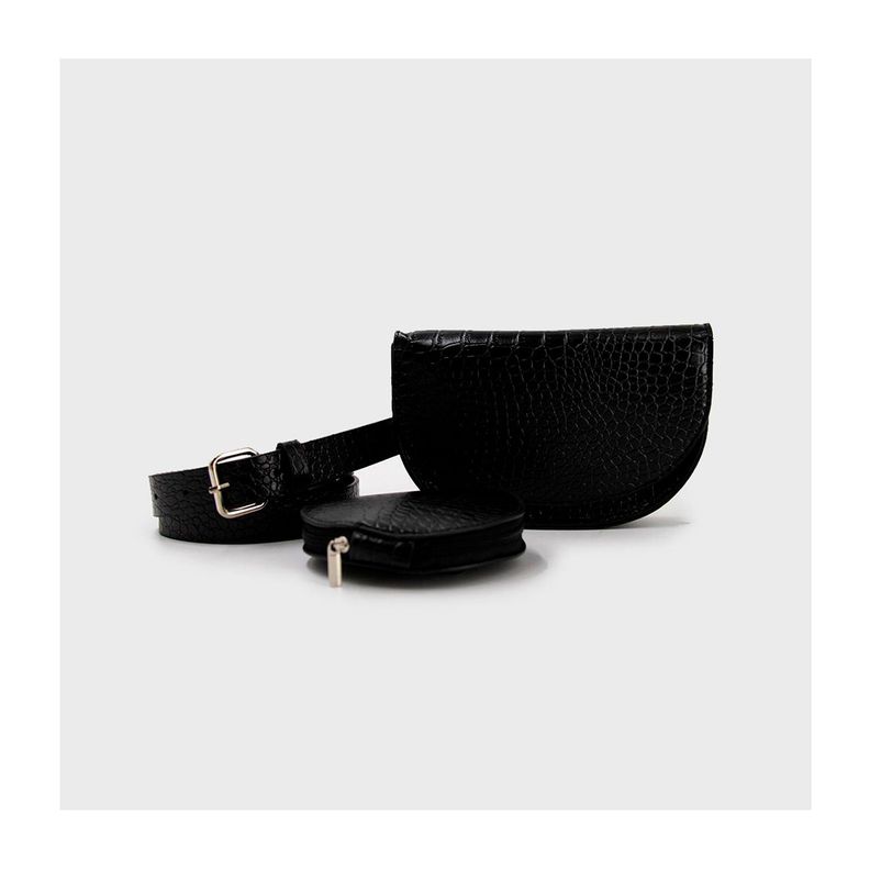 Riñonera Doble Bolso Cocodrilo Negro Plateado-0