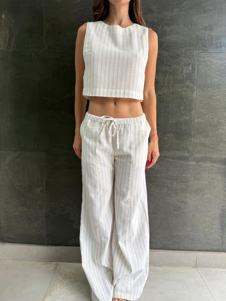 Pantalon con lino beige con brillo -1
