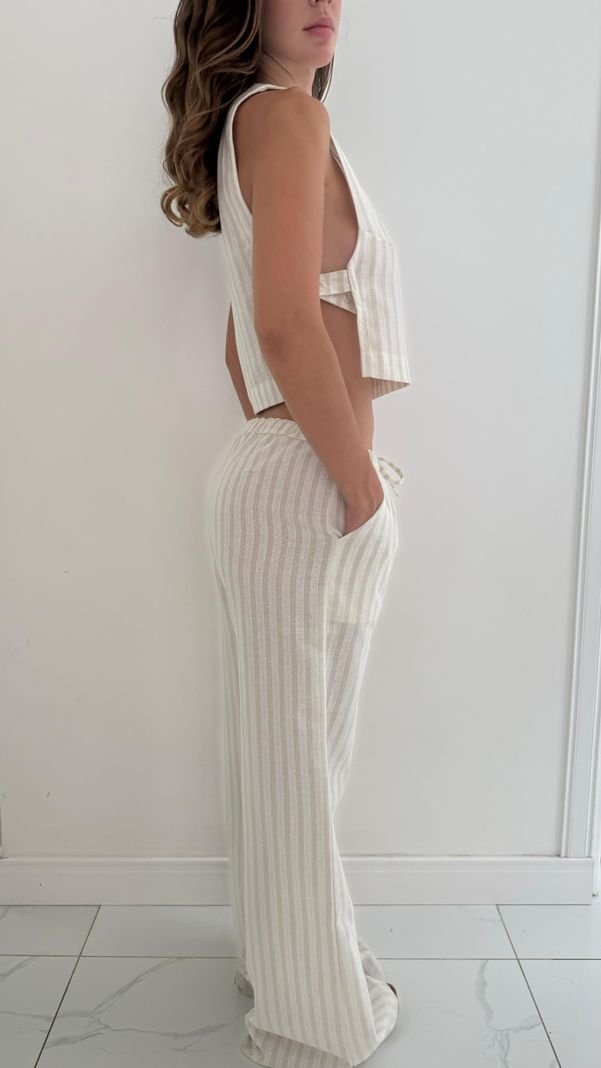 Pantalon con lino beige con brillo -2