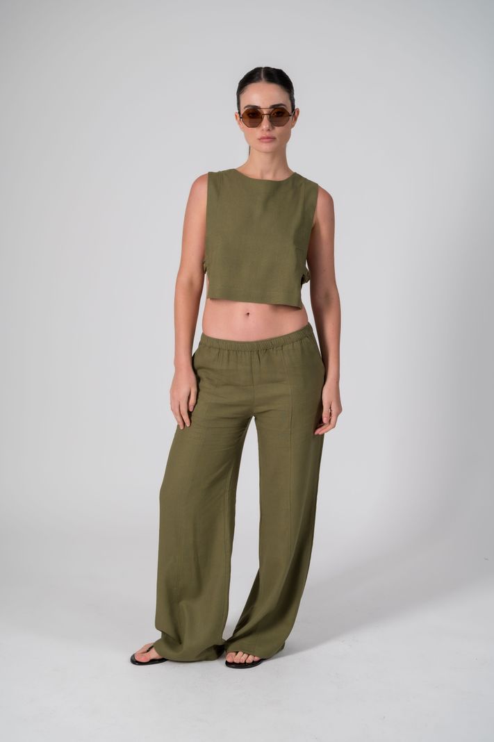 Pantalon con lino verde oliva-0