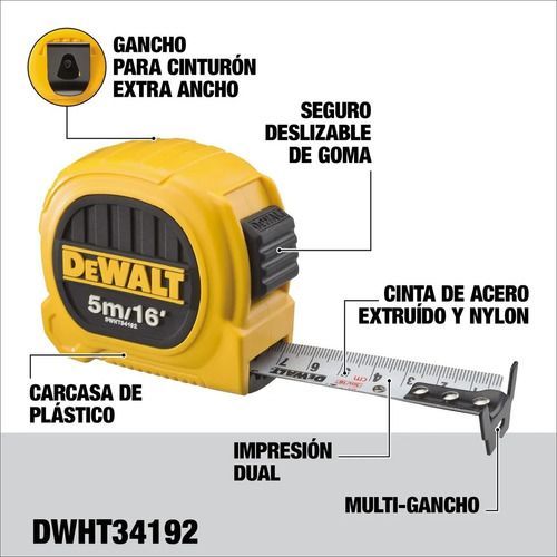 Huincha De Medir 5m/16' Diseño Compacto Dewalt Dwht34192l-4