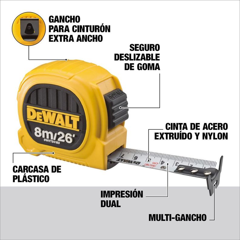 Huincha De Medir 8m/26' Diseño Compacto Dewalt Dwht34193l-7