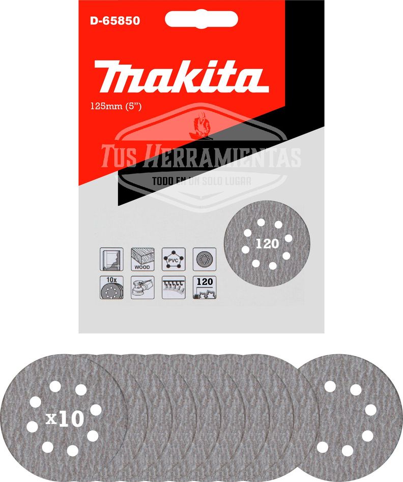 10 Discos Lija Velcro 125mm (5'') Grano 120 Makita D-65850-0