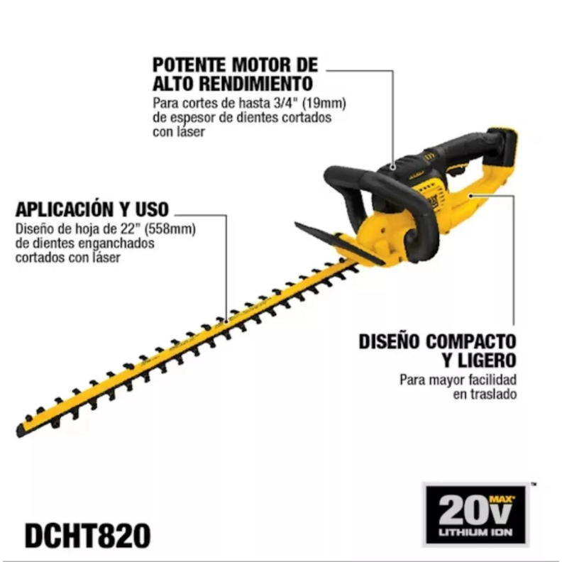 Cortasetos Inalámbrico 20V MAX* 5.0 Ah 22" DEWALT DCHT820P1-2