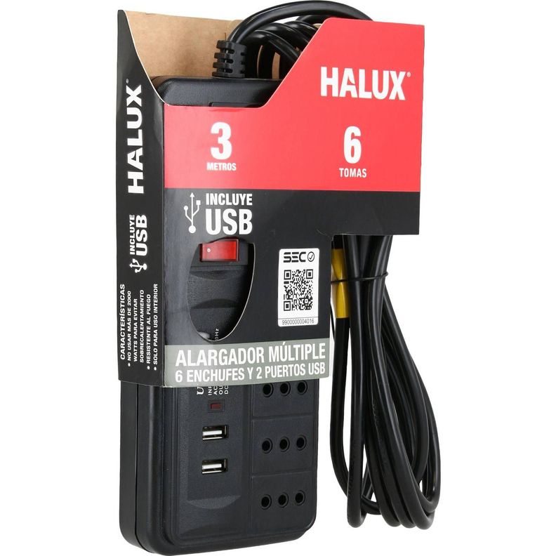 Alargador 6 tomas con 2 puertos USB e interruptor On Off 3 m-1