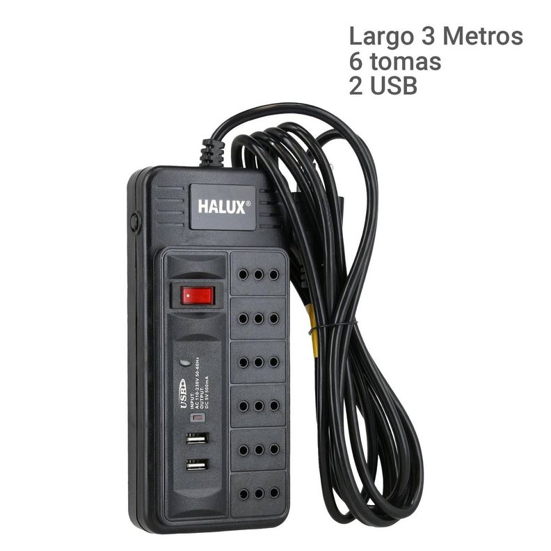 Alargador 6 tomas con 2 puertos USB e interruptor On Off 3 m-4