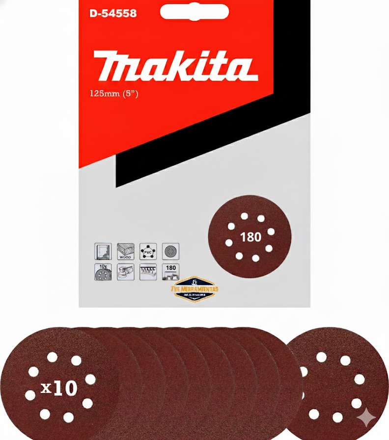 10 Discos Lija Con Velcro 125mm (5) Grano 180 Makita D-54558