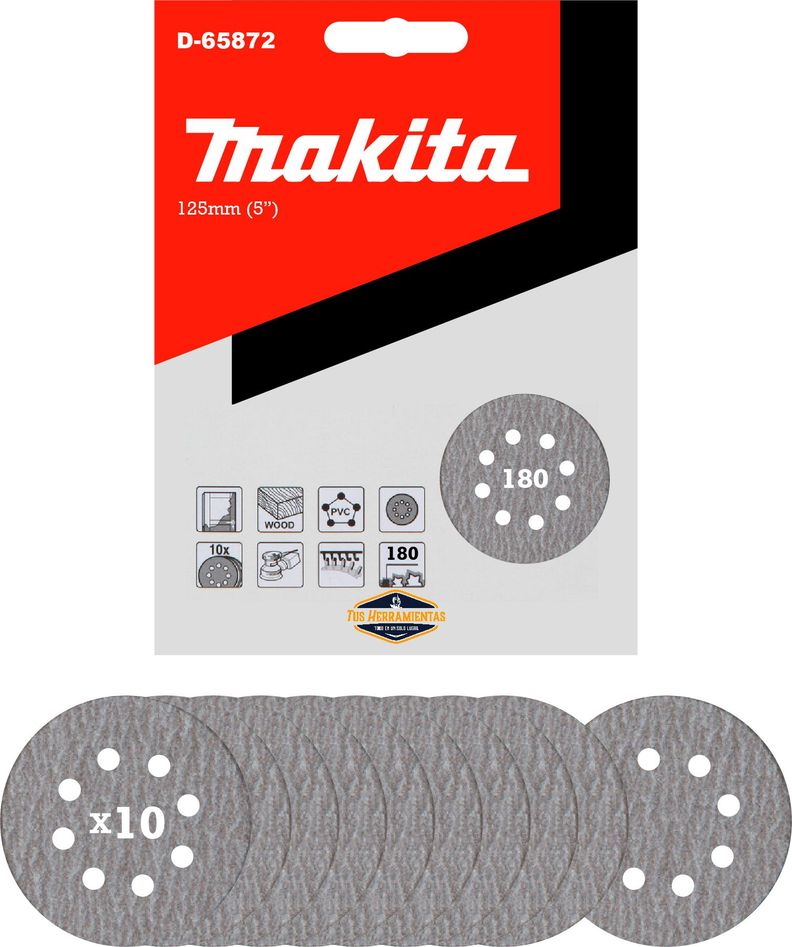 10 Discos Lija Velcro 125mm (5'') Grano 180 Makita D-65872-1