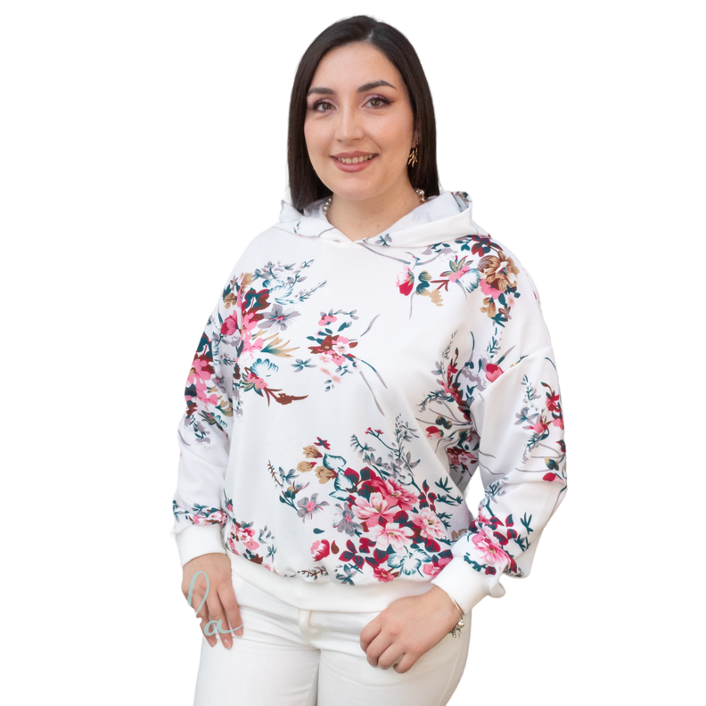 Poleron capucha floral oversize Blanco -0