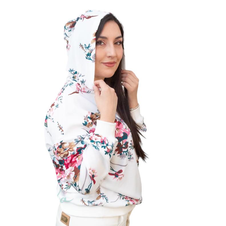 Poleron capucha floral oversize Blanco -1