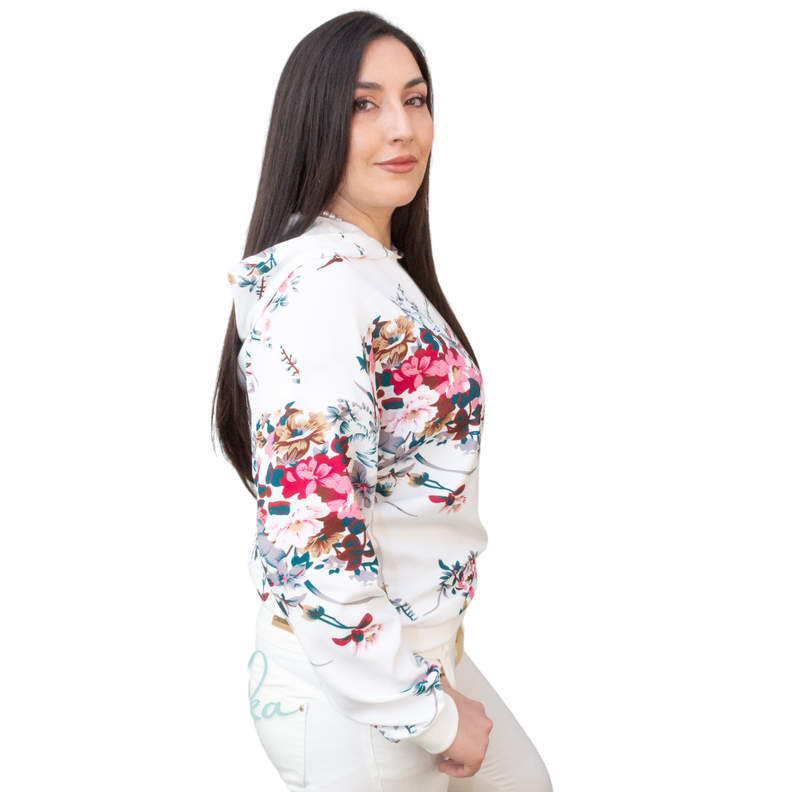Poleron capucha floral oversize Blanco -2