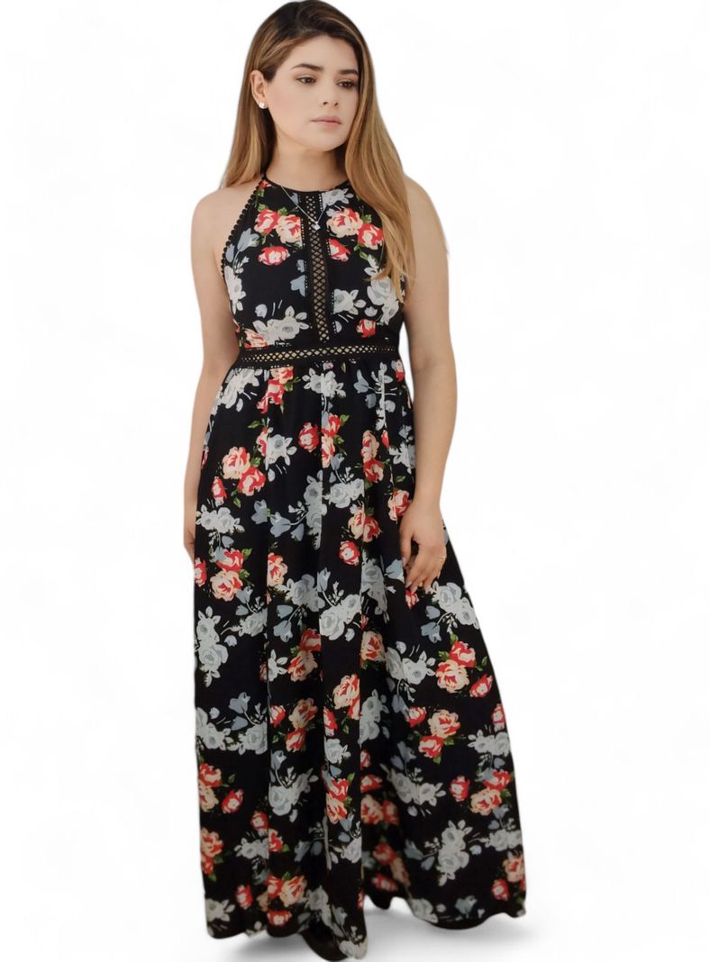 Vestido Negro Floral Largo-0