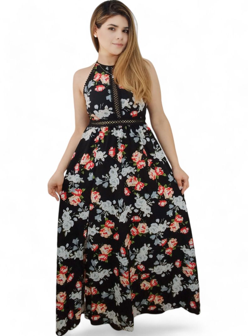 Vestido Negro Floral Largo-2