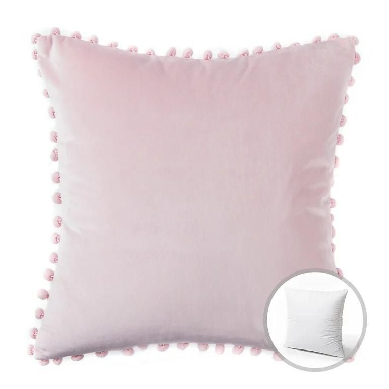 Cojín terciopelo con pompones 45X45 - Rosa pastel-2