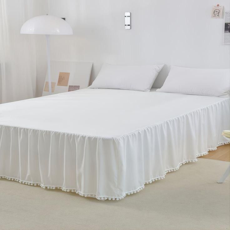 Faldón completo para cama con pompones 1.5 blanco-0