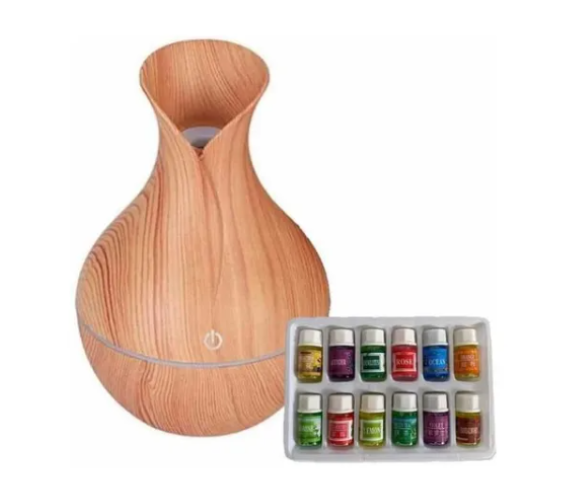 Humidificador Difusor Tipo Jarrón Madera + 12 Esencias Aromaticas-1