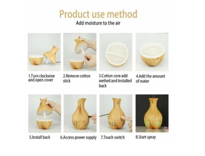 Humidificador Difusor Tipo Jarrón Madera + 12 Esencias Aromaticas-4
