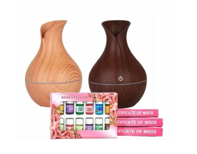 Humidificador Difusor Tipo Jarrón Madera + 12 Esencias Aromaticas-2
