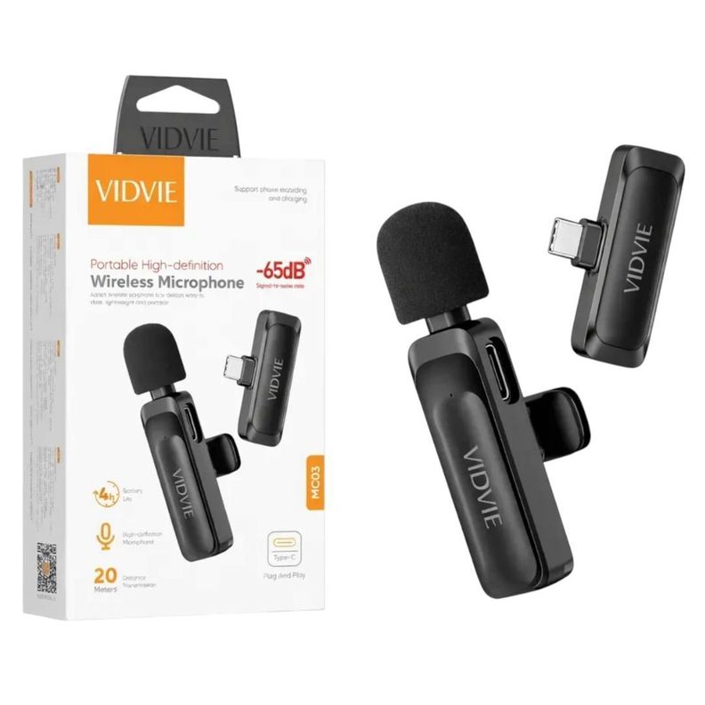 Micrófono Solapa Transmisor USB C Inalámbrico Negro MC03