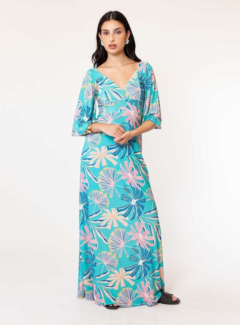 Vestido Magdalena Turquesa Flores Natalia Seguel-0