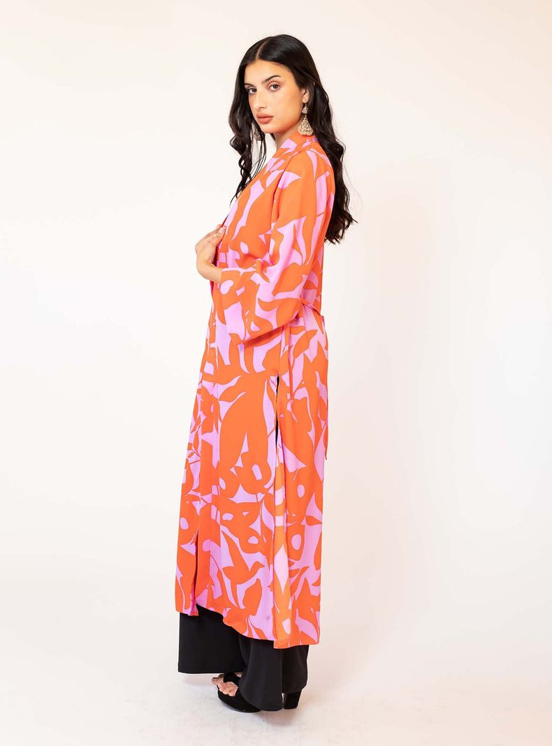 Kimono Largo Fucsia Hojas Naranjo Natalia Seguel-0