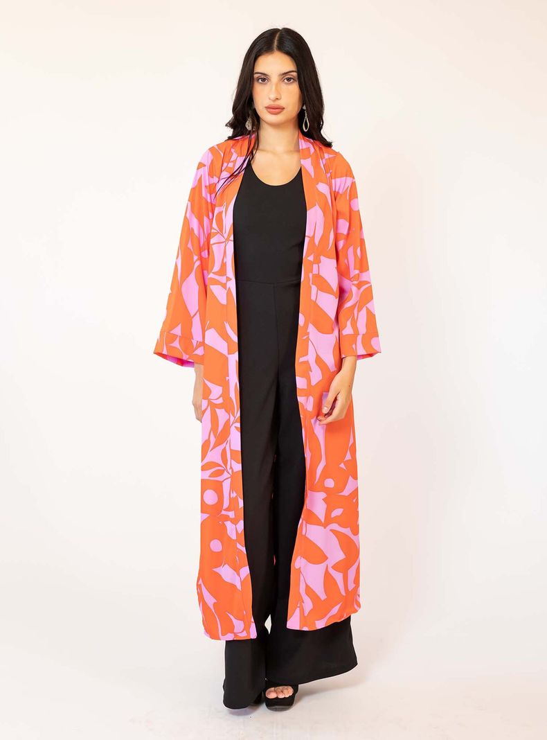 Kimono Largo Fucsia Hojas Naranjo Natalia Seguel-2