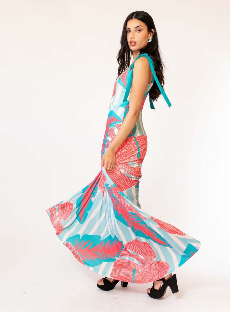Vestido Meche Turquesa Hojas Fucsia Natalia Seguel-0