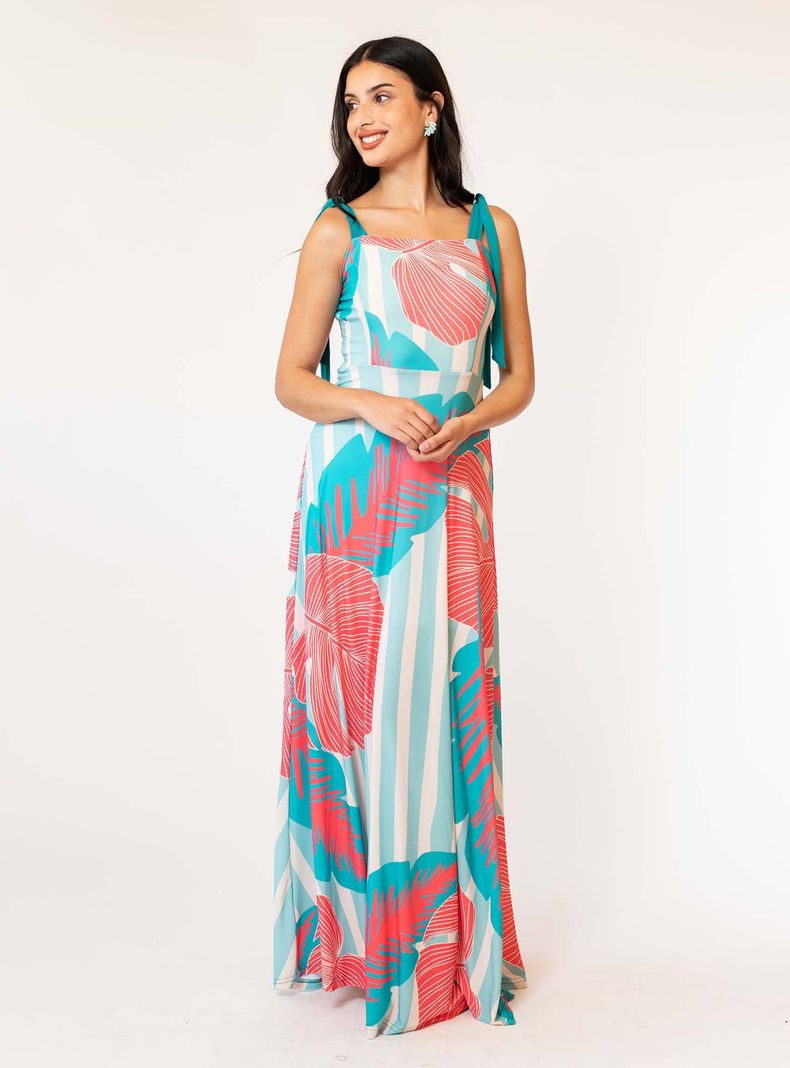 Vestido Meche Turquesa Hojas Fucsia Natalia Seguel-1