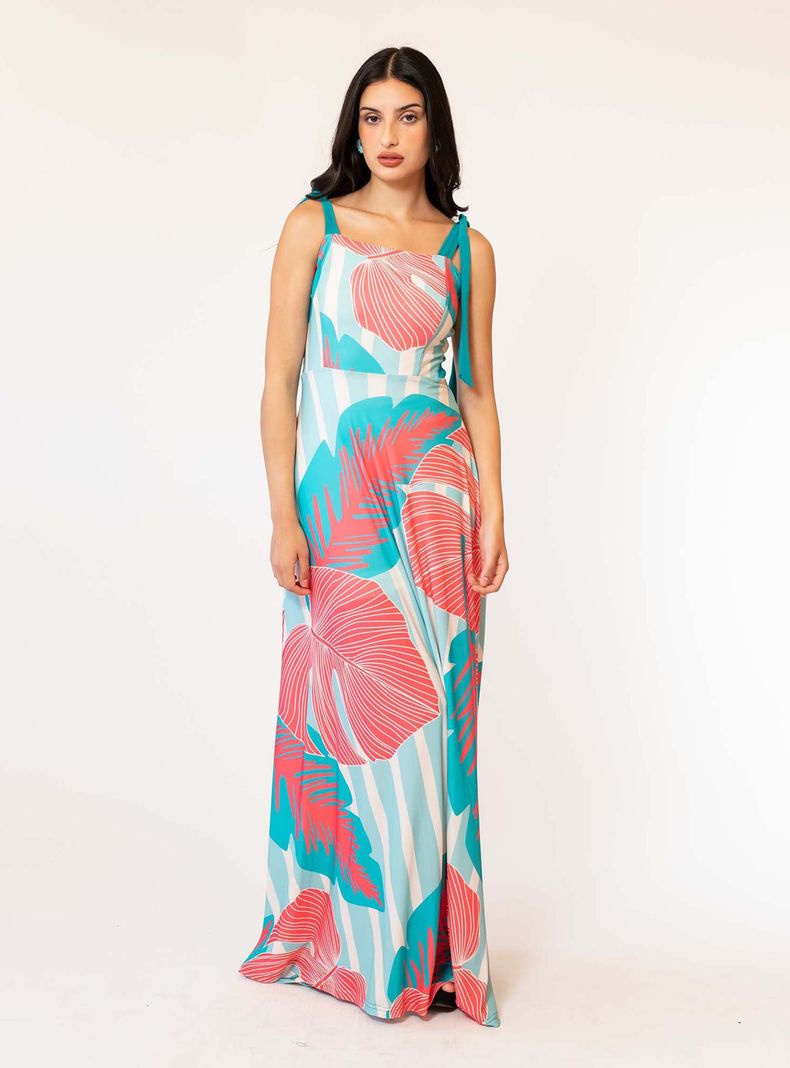 Vestido Meche Turquesa Hojas Fucsia Natalia Seguel-2
