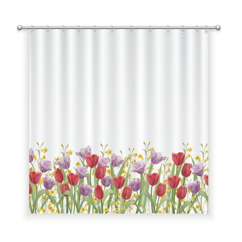CORTINA DE BANO ALGODON JARDIN DE FLORES TULIPAN ROJO Blanco