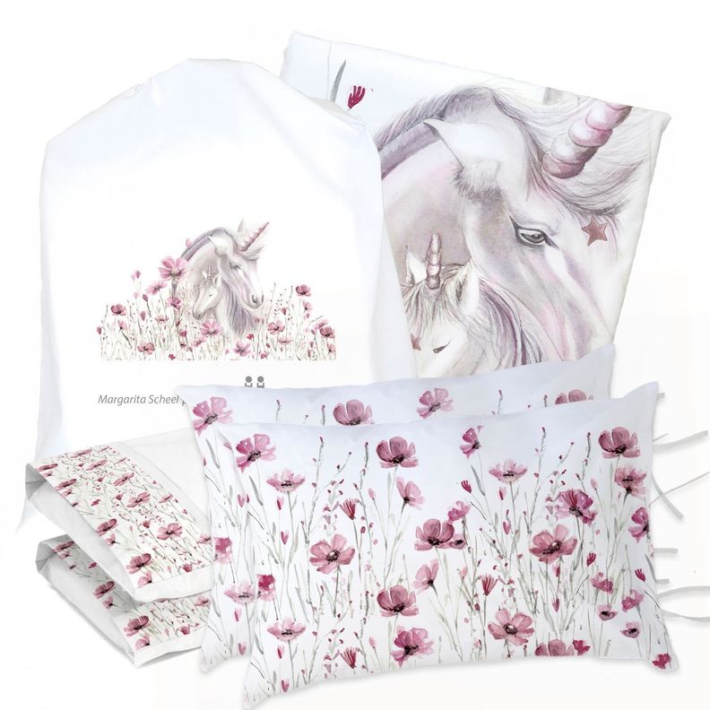 JUEGO DE CAMA FUNDA DE PLUMÓN + SABANA BAJERA + 4 FUNDAS ALMOHADA UNICORNIO SUPER KING-0