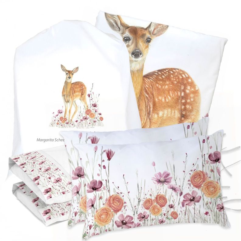 JUEGO DE CAMA FUNDA DE PLUMÓN + SABANA BAJERA + 4 FUNDAS ALMOHADA BAMBI FLORES SUPER KING-0