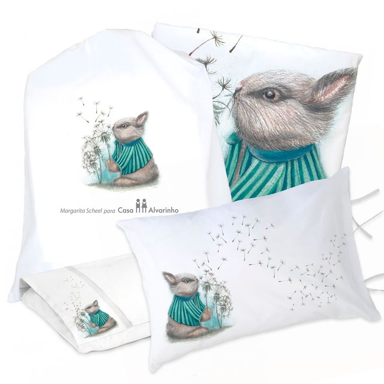 JUEGO DE CAMA FUNDA DE PLUMÓN + SABANA BAJERA +2 FUNDAS ALMOHADA CONEJO PIDE UN DESEO 1,5 PLAZAS-0