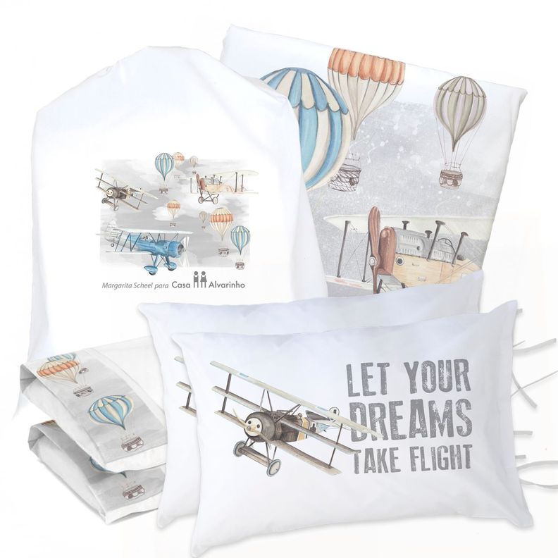 JUEGO DE CAMA FUNDA DE PLUMÓN + SABANA BAJERA + 4 FUNDAS ALMOHADA AVIONES Y GLOBOS KING-0