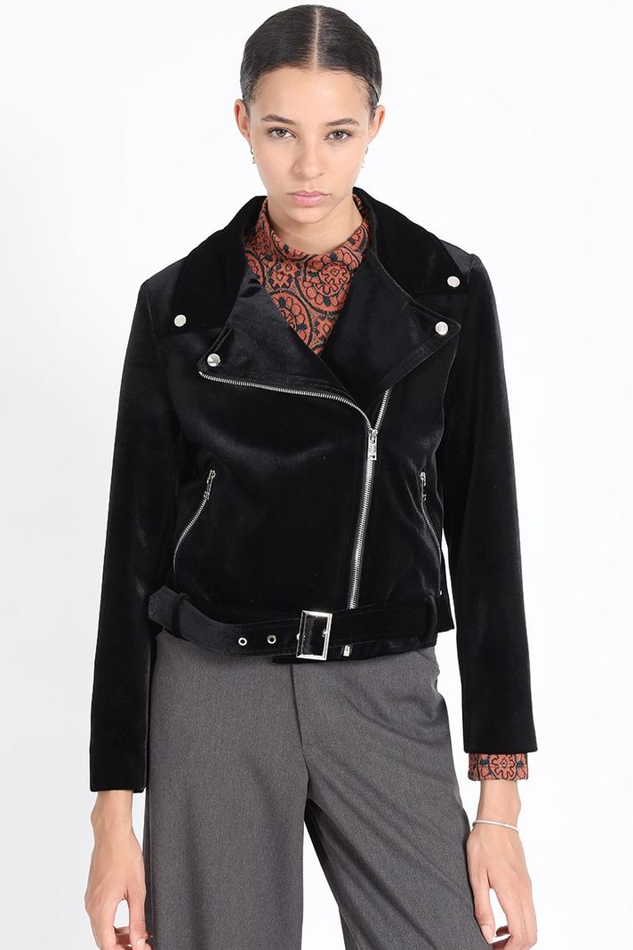 Chaqueta Biker Terciopelo Con Bordado, Negro Liola-0