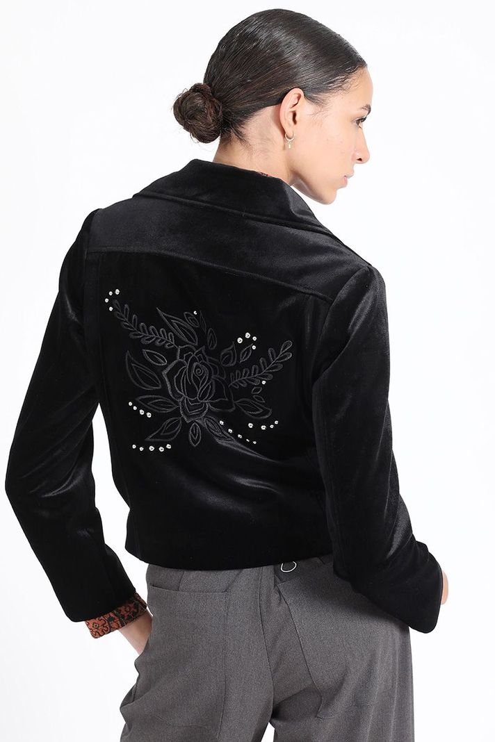 Chaqueta Biker Terciopelo Con Bordado, Negro Liola-1