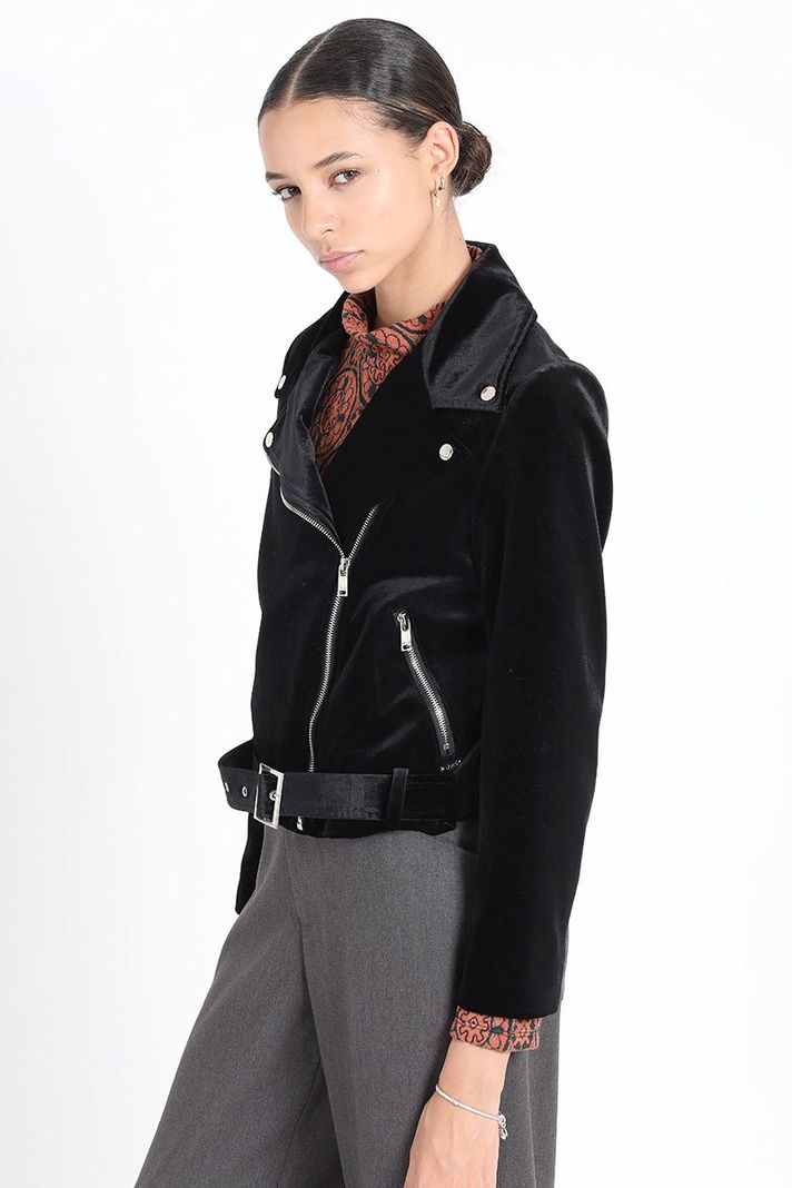 Chaqueta Biker Terciopelo Con Bordado, Negro Liola-2