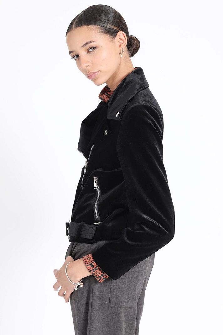 Chaqueta Biker Terciopelo Con Bordado, Negro Liola-3