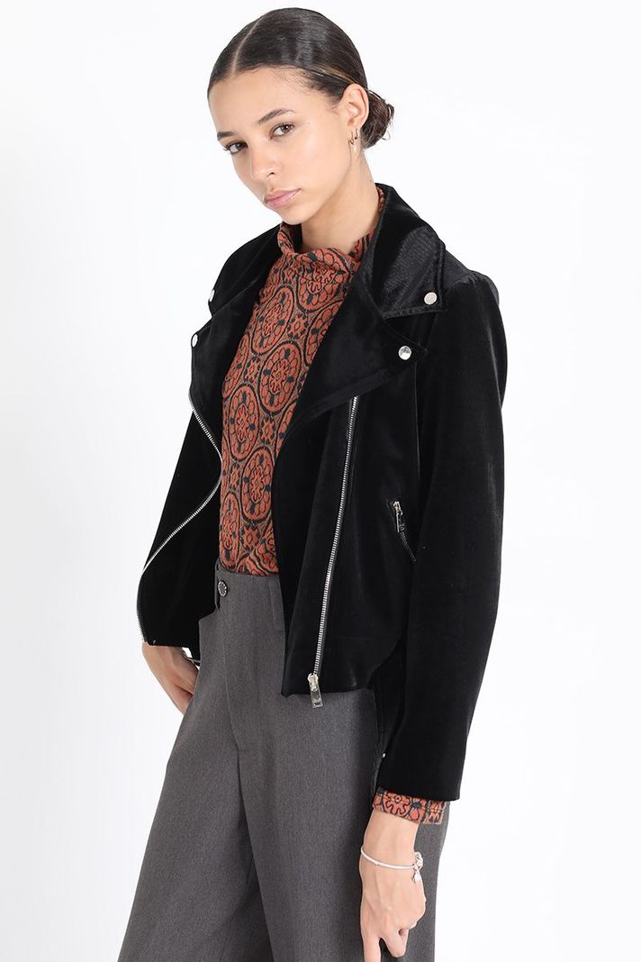 Chaqueta Biker Terciopelo Con Bordado, Negro Liola-4