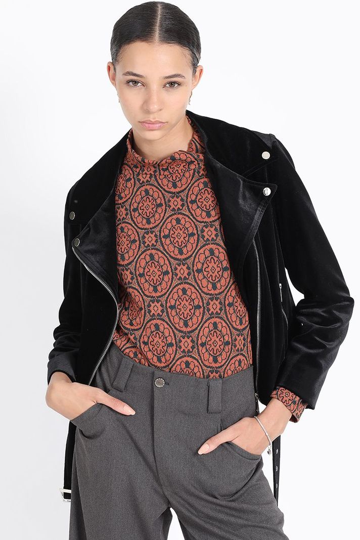 Chaqueta Biker Terciopelo Con Bordado, Negro Liola-5