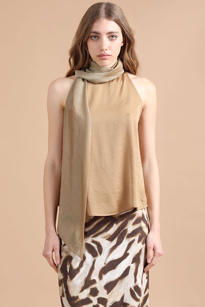 Top Satin Fluido Con Lazada En Cuello, Café Liola-0