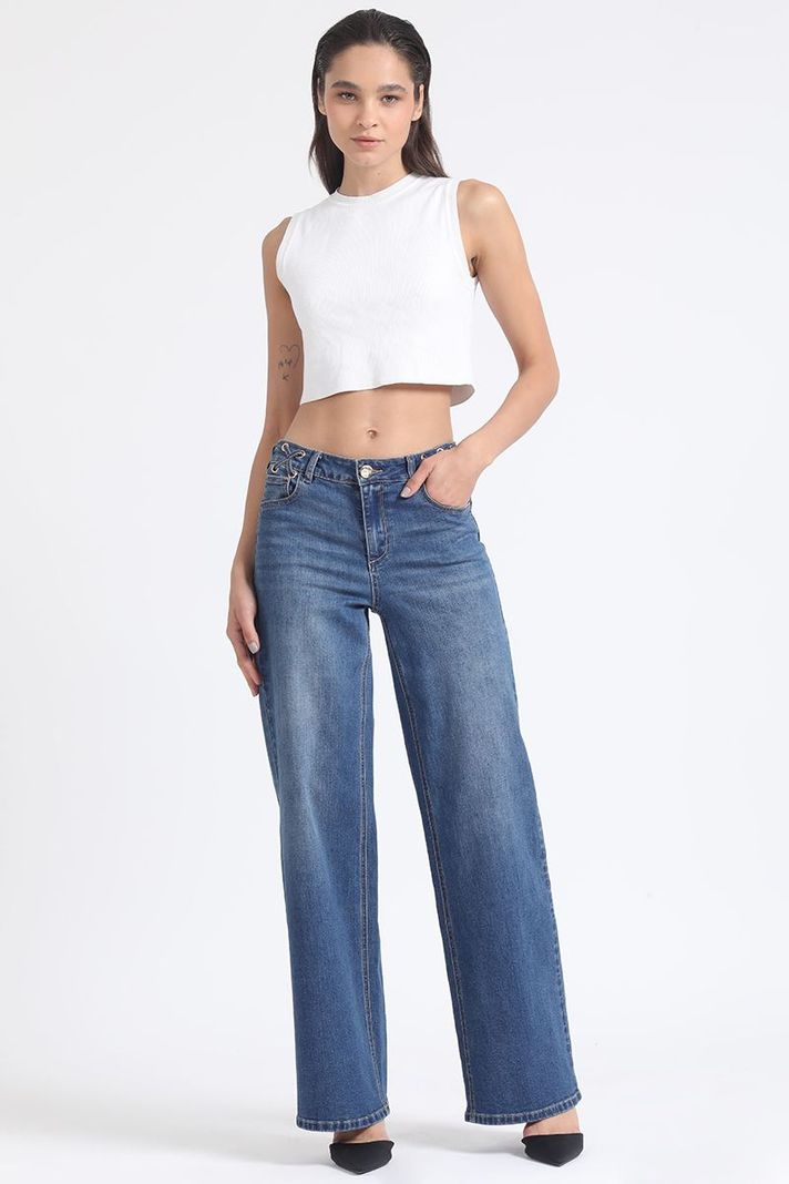 Jeans Straight Push-Up, Ojetillos En Cruz, Azul Liola-0