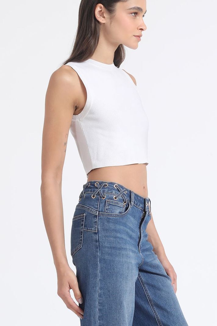 Jeans Straight Push-Up, Ojetillos En Cruz, Azul Liola-1