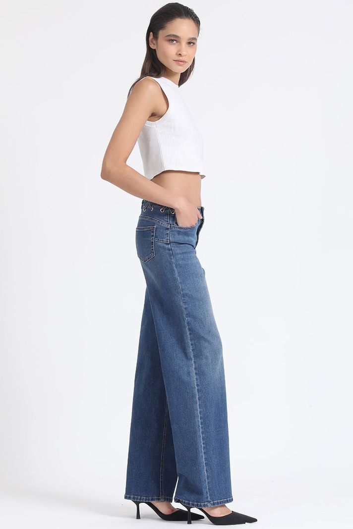 Jeans Straight Push-Up, Ojetillos En Cruz, Azul Liola-2